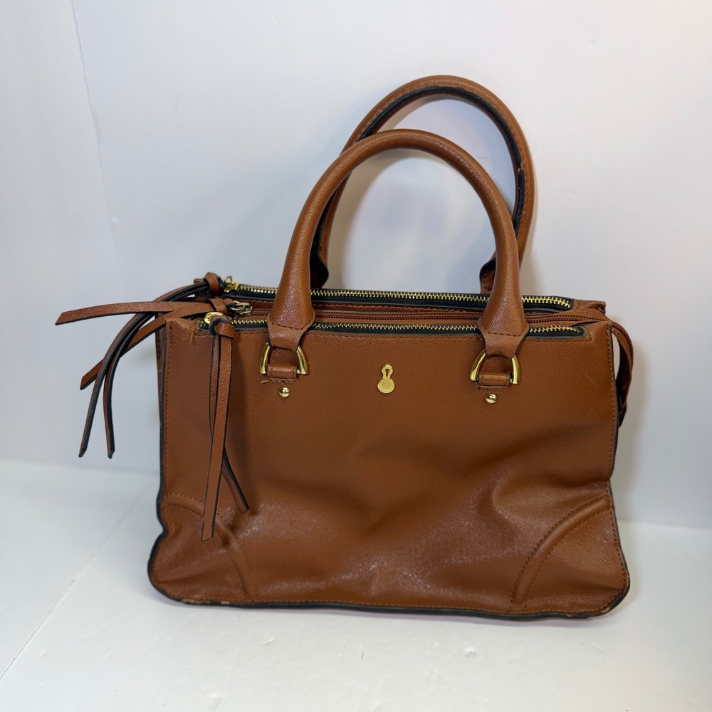 Cognac Brown Faux Leather Triple Compartment Satchel Handbag Gold Hardware